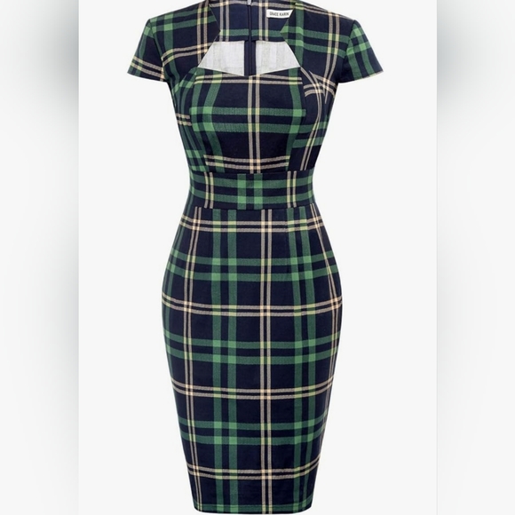 50s Retro Capped Sleeves Plaid Pencil Dress - Picture 1 of 6